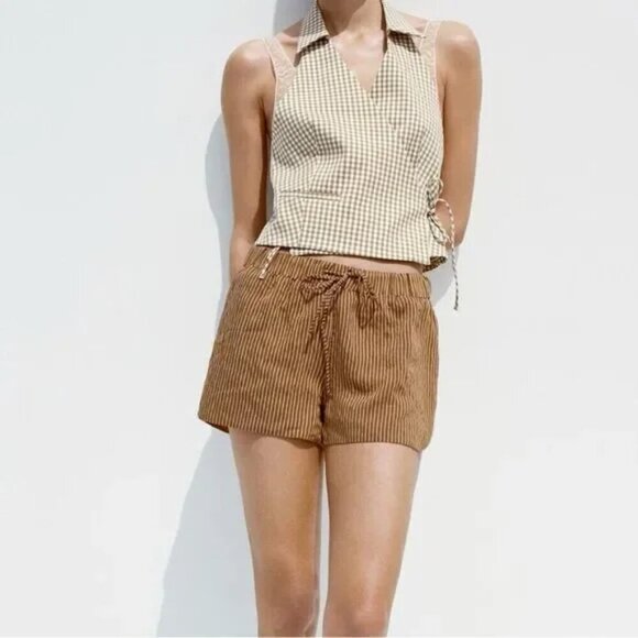 New Zara Striped High Waist Elastic Waistband Brown/Cream Boxer Shorts Medium - Picture 2 of 12